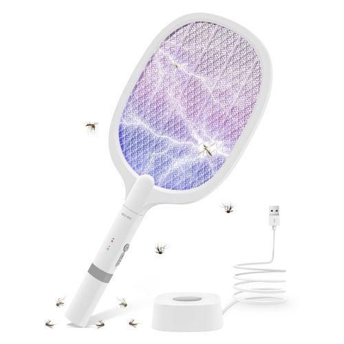 Raquette Electrique Insectes, Raquette Anti Moustiques Électrique 4000 V 1500 mAh Rechargeable avec Base Stable Contre Moustiques Mouches Insectes Volants, Blanc