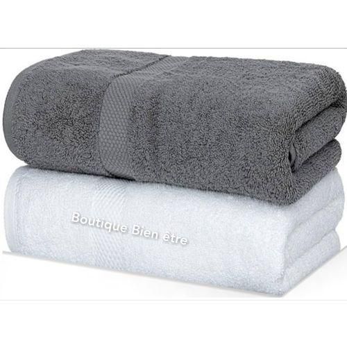 Serviettes De Bain Coton Pur Blanc Gris Lot 2