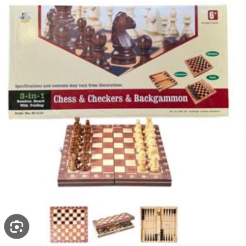 Jeu de Société 3-en-1 Premium – Chess, Checkers & Backgammon – Plateau Pliable en Bois – Set Complet