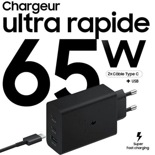 Chargeur Secteur Ultra Rapide TRIO 65W, 2x Ports USB Type C & 1x USB Type A ( Avec Le Câble ) Chargez 3 Appareils En Même Temps ! Optez Pour La Charge Rapide