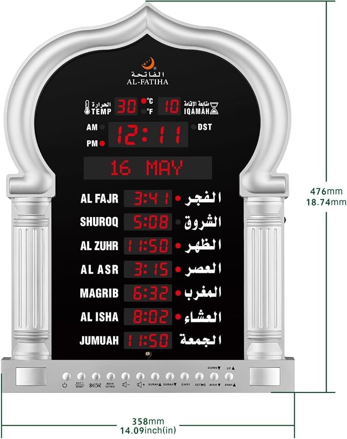 Azan Horloge de prière musulmane à LED avec horaires de prière mondiale, récitation du Coran, lecture de la maison/bureau/mosquée numérique Azan