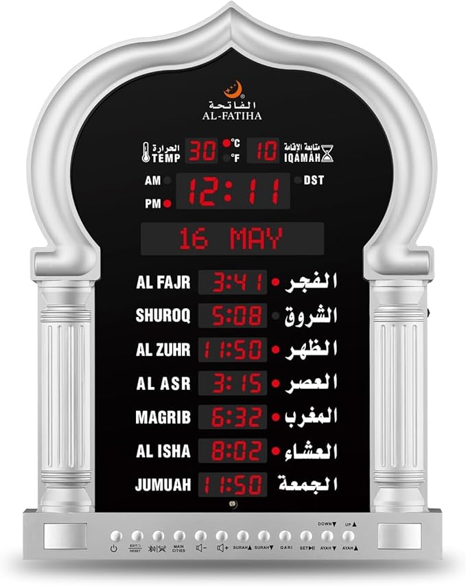 Azan Horloge de prière musulmane à LED avec horaires de prière mondiale, récitation du Coran, lecture de la maison/bureau/mosquée numérique Azan